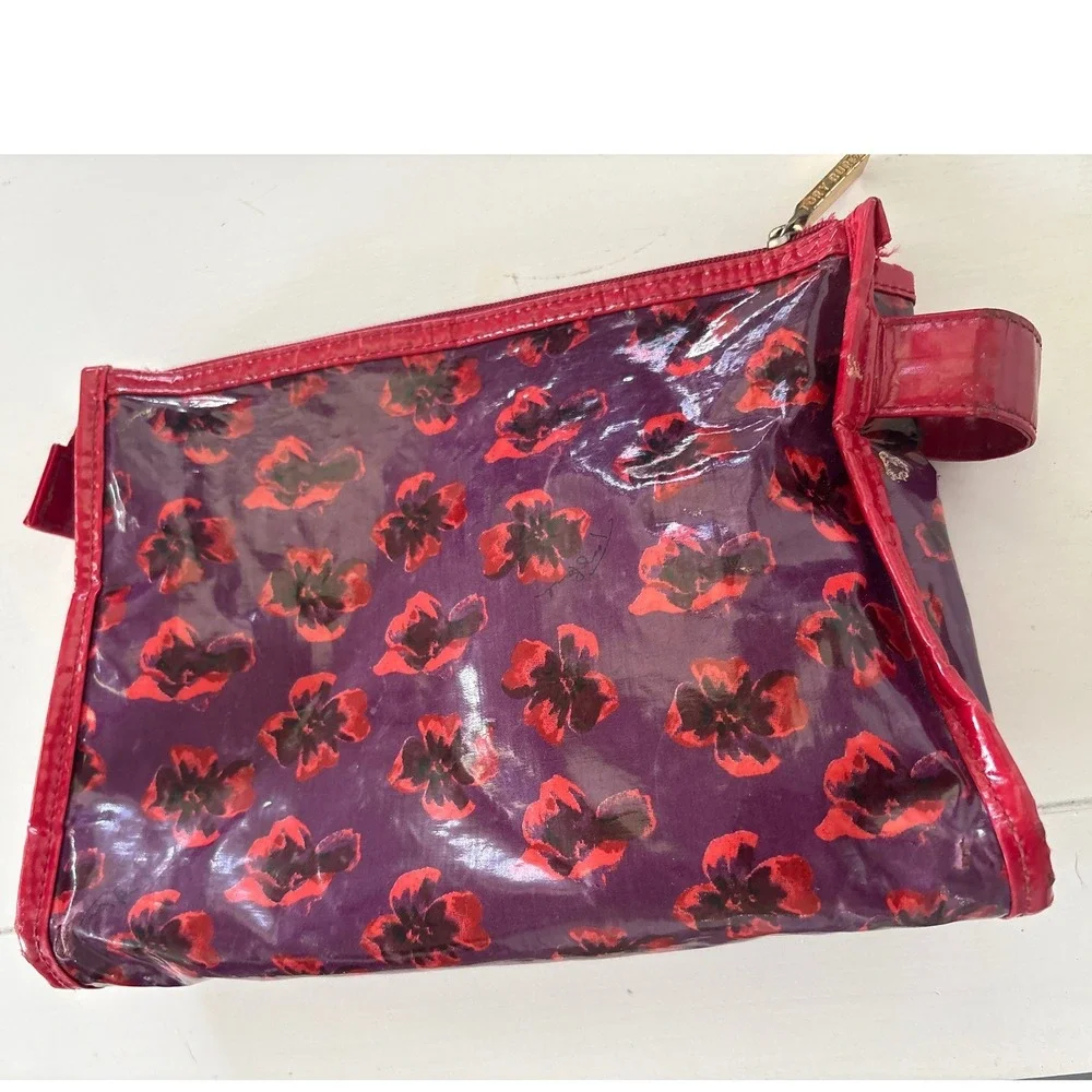 Tory Burch Purple Red Floral Glossy PVC Cosmetic Makeup Bag Pouch with Logo